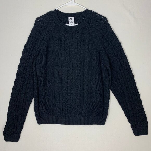 Nike Cable Knit Black Big Swoosh Sweater Medium DQ5176-010 - Picture 1 of 8